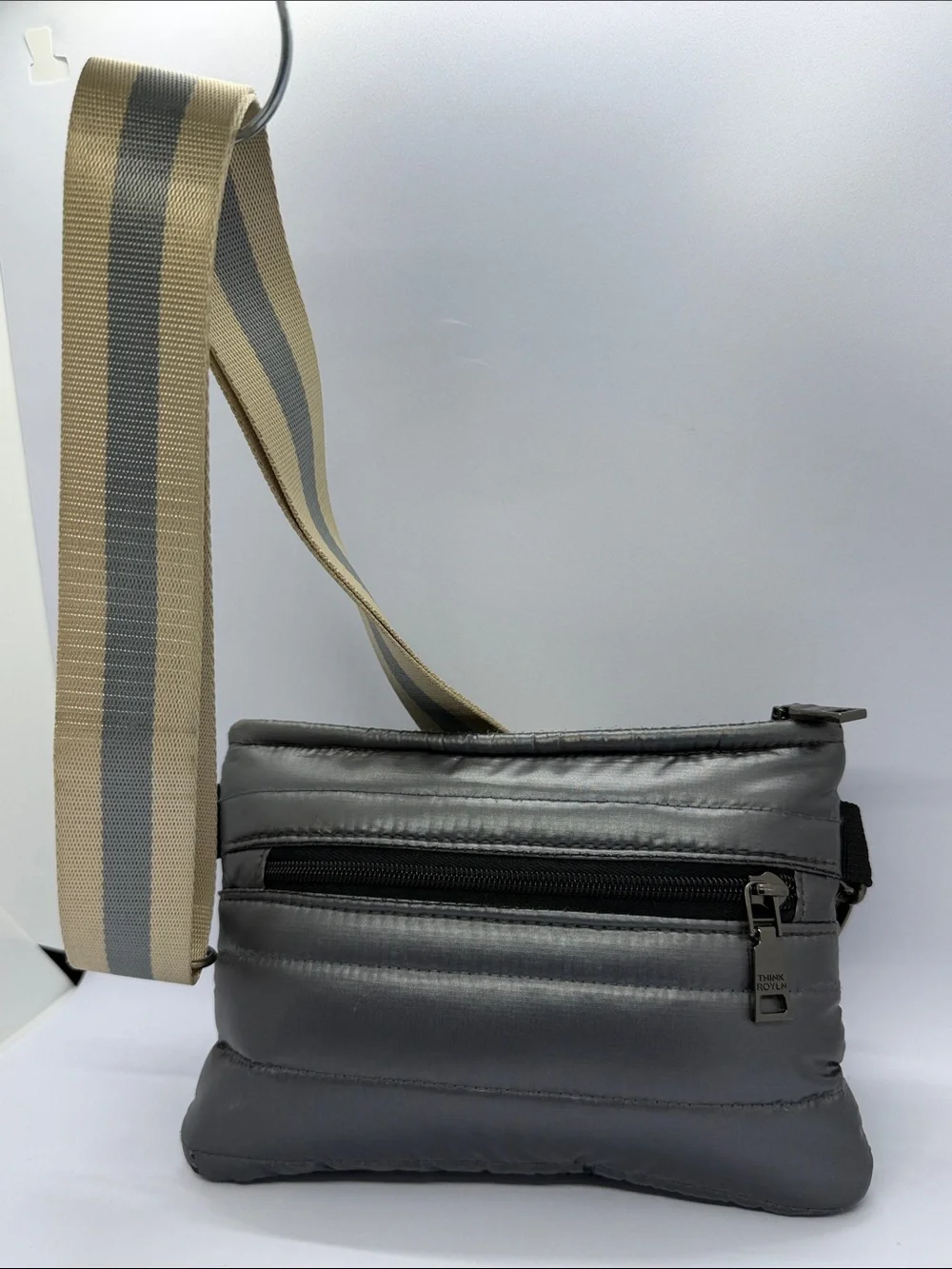 THINK ROYLN Gray Quilted Messenger Bag with Striped Tan Strap